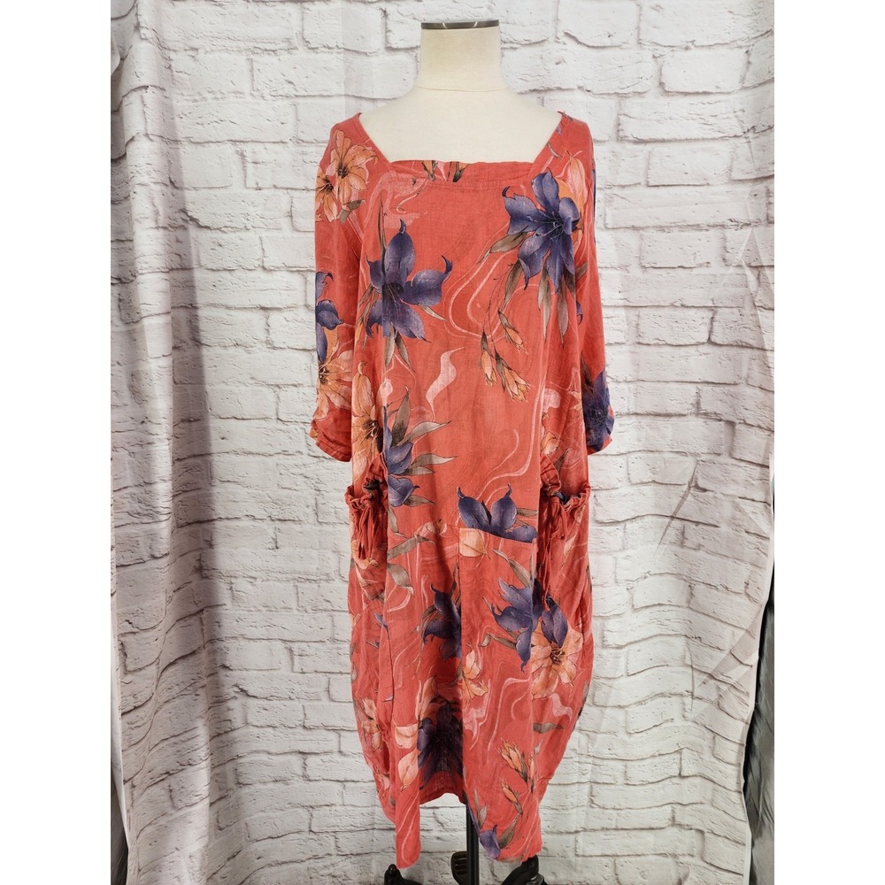 Made In Italy Linen Blend Cocoon Dress Maxi Drop Pocket Floral Coastal Boho L